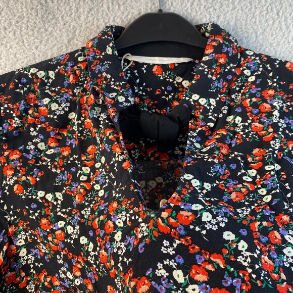 Zara Top Blouse Women's Size M Ribbon Floral Print Long Sleeve Collared - Picture 5 of 12